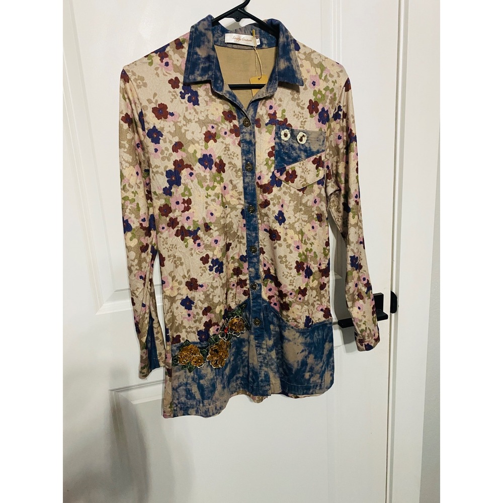 Simply Couture Floral Button Down Shirt Acid Wash Denim Trim Applique Small